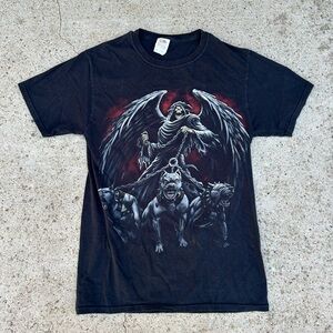 Vintage Y2K Grim Reaper Skull Graphic Tee Shirt Mens S Pitbull Cyber Goth Grunge